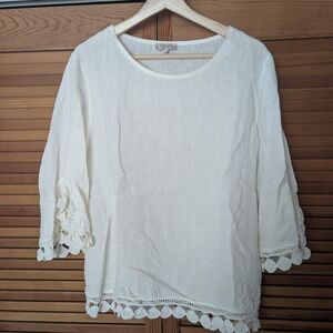 Bellambia Linen Women's Cream Lace Trim Top